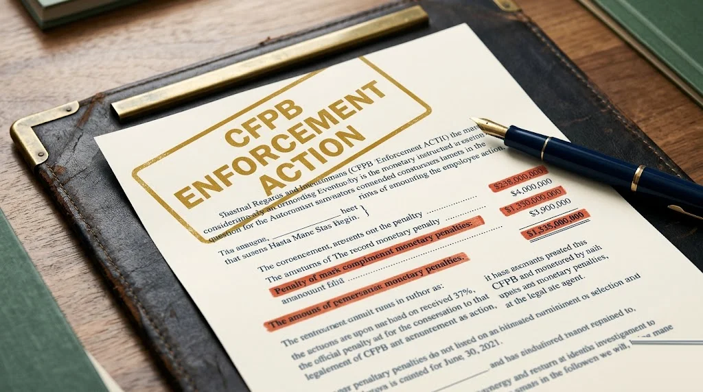 Legal document with a mustard "CFPB ENFORCEMENT ACTION" stamp across the top and several penalty-amount lines highlighted in red below — framework for reading CFPB enforcement actions as a consumer.