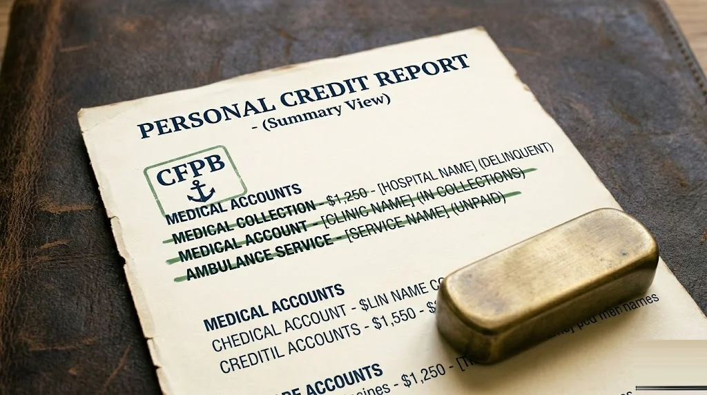 Credit-report page with several "medical" line items being struck through under a sage CFPB stamp at the top and a brass paperweight at the corner — CFPB medical debt removed from credit reports.