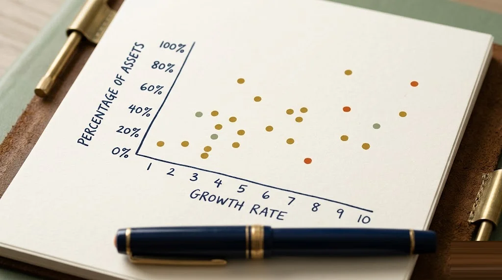 Scatter-plot grid with roughly nineteen mustard dots dispersed across rate-percentage rows, a fountain pen at the lower edge — how to read the Federal Reserve dot plot for rate-path expectations.