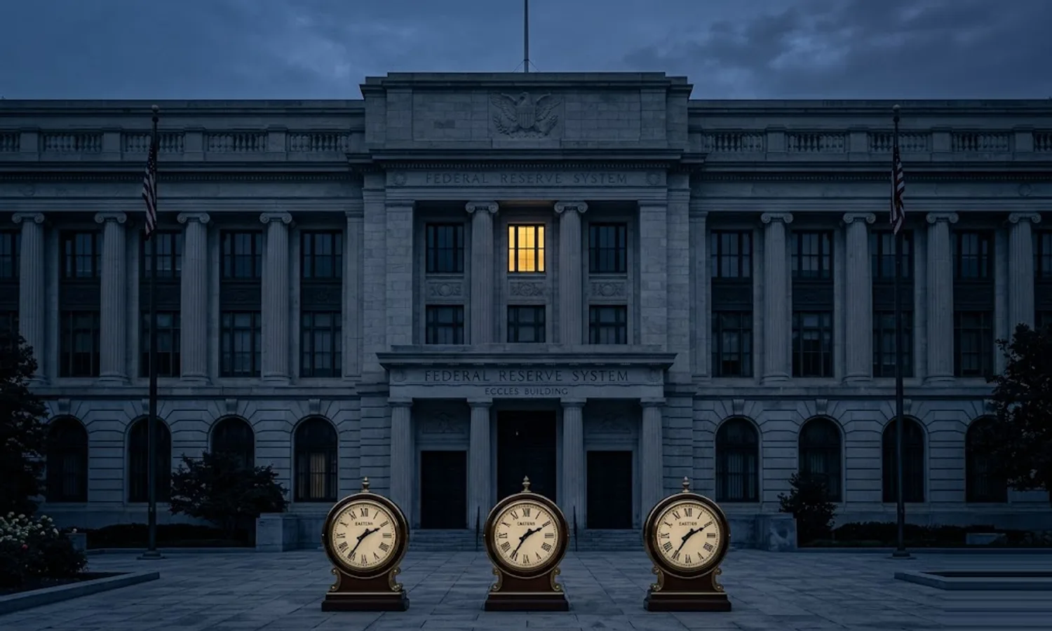 Federal Reserve Eccles building facade at dusk with one warm-lit window centered and three brass clock faces showing 14:00 Eastern in the foreground — FOMC minutes reading framework.
