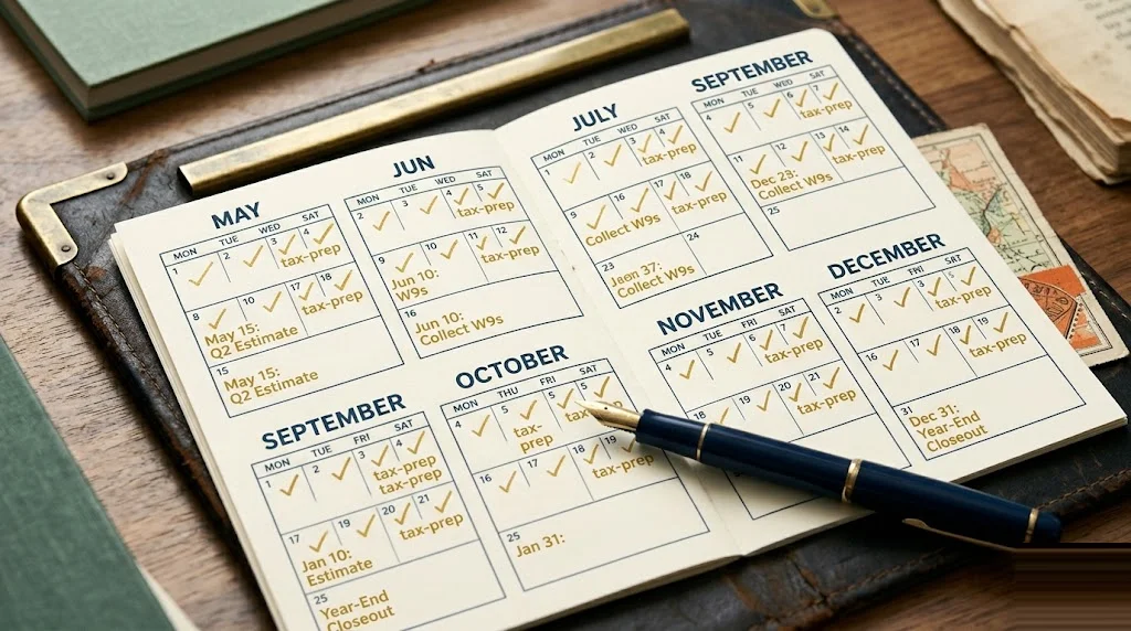 Monthly desk calendar spread from May through December with hand-written tax-prep notes in mustard fountain-pen ink in each month box — year-round tax season preparation checklist for US filers.