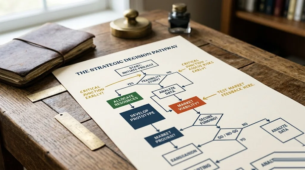 Printed flowchart on cream paper with several boxes connected by arrows and mustard annotation marks pointing at decision nodes — analysis of the r/personalfinance prime directive flowchart.