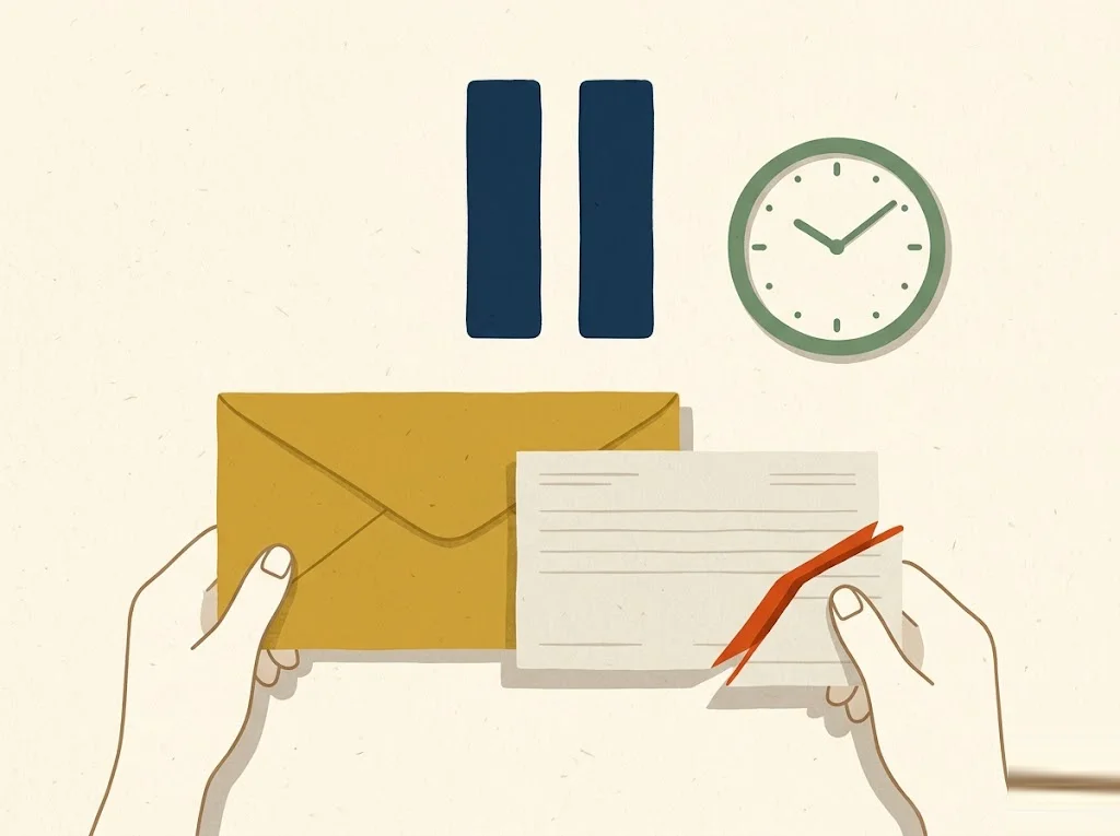 A large navy pause symbol hovering over a mustard tax-refund envelope and a pay slip with a slice cut from its edge, with a small sage clock — the temporary 2026 pause on defaulted student-loan collections.