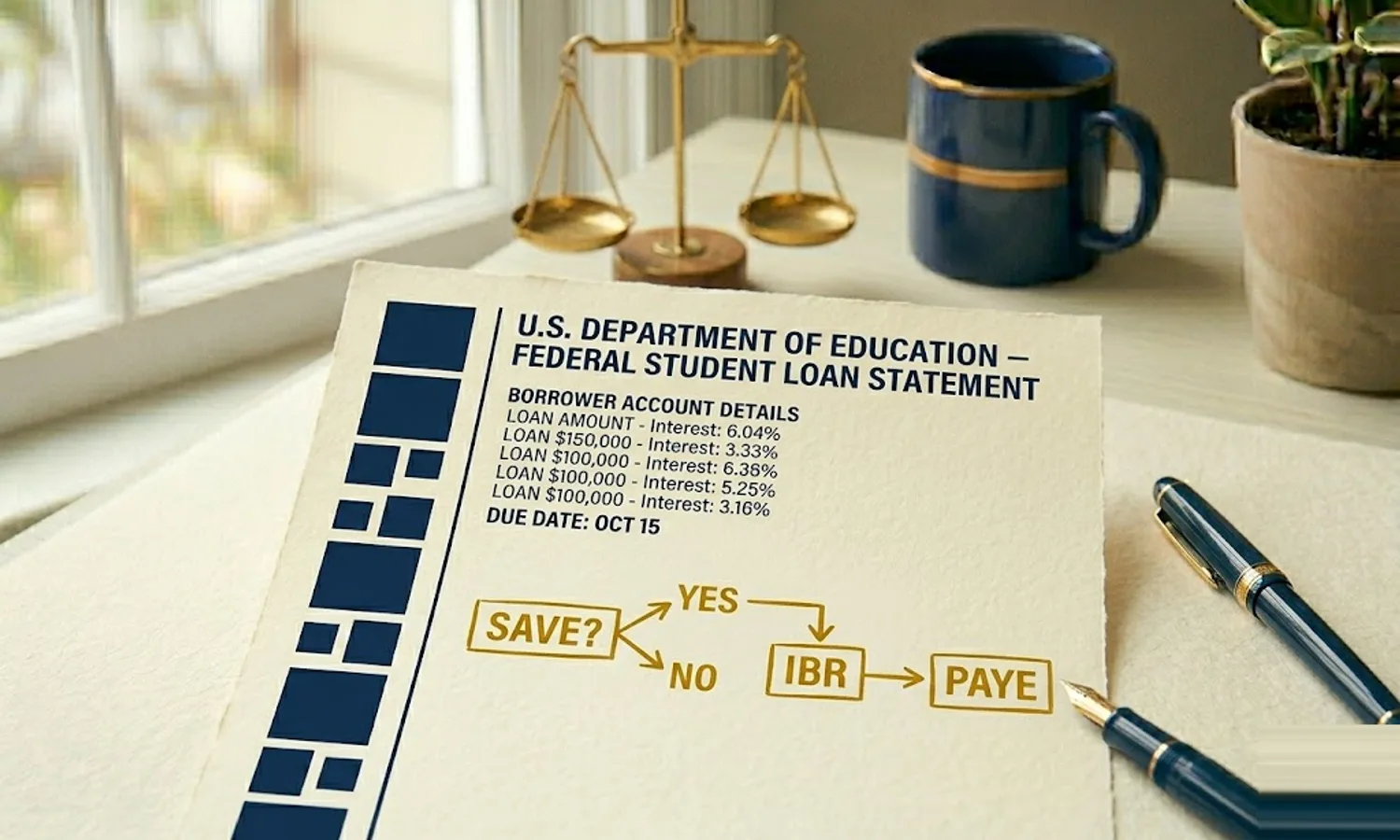 Federal student loan statement with servicer squares and a mustard flowchart from terminated SAVE to RAP and IBR — student loan servicer landscape 2026.