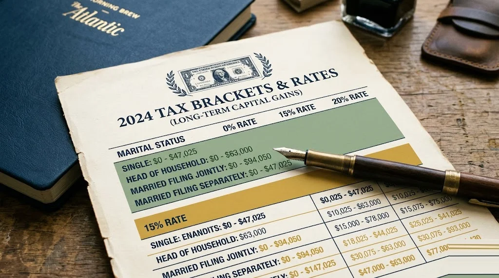 Printed tax bracket table with the 0% long-term capital gains row highlighted in sage-green ink and a fountain pen across the page — 0% long-term capital gains bracket planning for 2026.