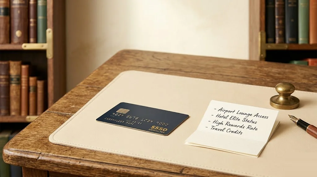 Single premium metal credit card face-up on a leather desk pad with the printed annual fee at the bottom right and a hand-written list of benefits beside it — credit card annual fee versus benefit math.