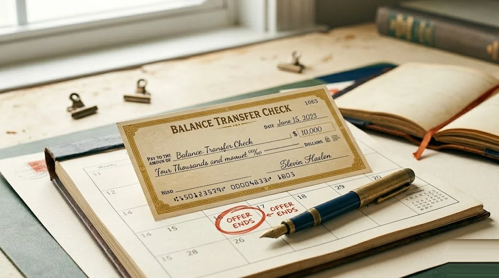 Vintage balance-transfer paper check with mustard accents resting on a desk calendar with the end of the promotional 0% APR window circled in red — credit card balance transfer mechanics and fee math.