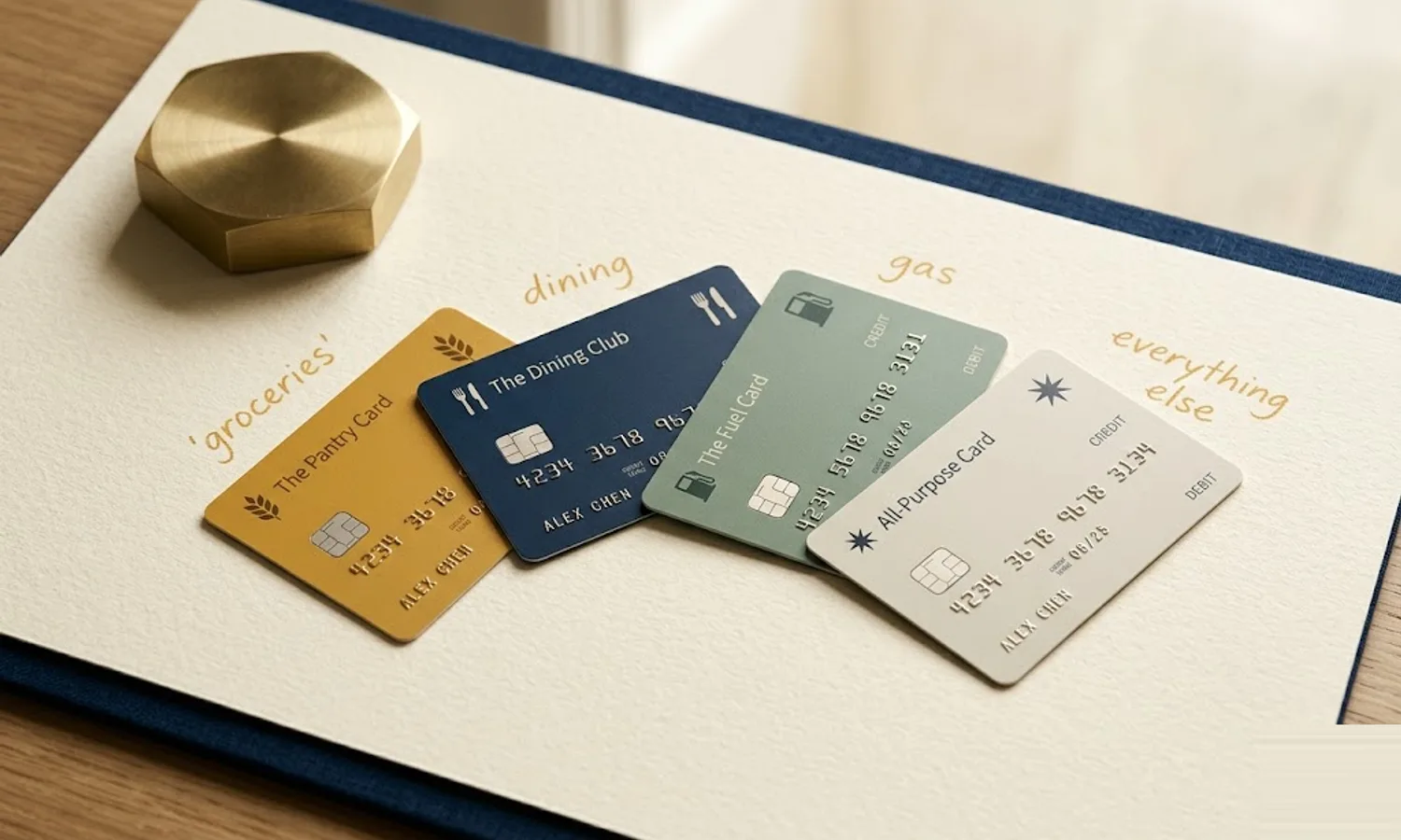 Four credit cards fanned on cream paper in mustard, navy, sage, and grey with handwritten category labels beside each — category-spend credit card optimization beyond flat-rate cash back.