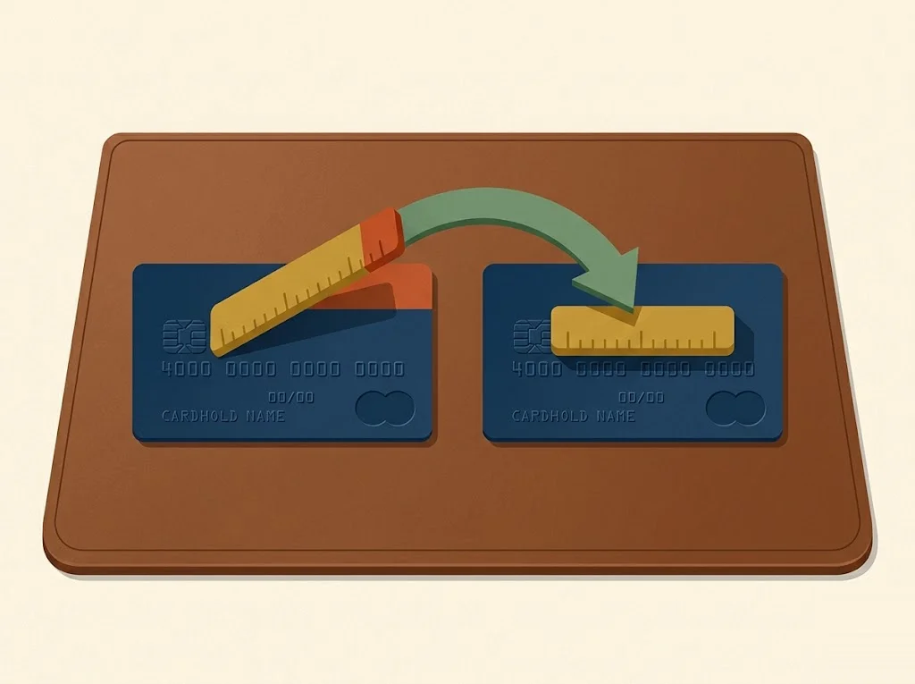 Editorial illustration of a cardholder shifting part of one card credit limit onto another card at the same issuer without a new hard inquiry, credit limit reallocation