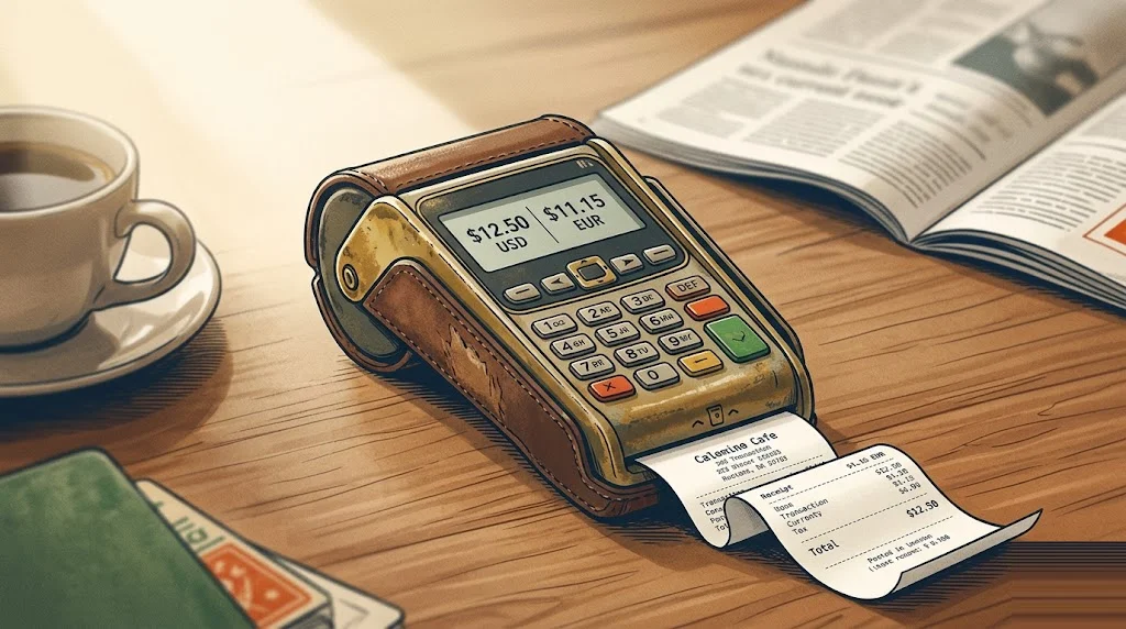Vintage card-payment terminal on a cafe table displaying USD and local-currency amounts side by side above a curling paper receipt — foreign transaction fees and dynamic currency conversion (DCC) abroad.