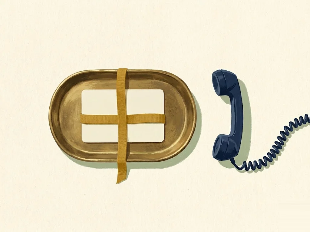 A single cream credit card on a small brass tray held by a mustard-gold ribbon beside a navy telephone handset on paper cream — negotiating a credit card retention offer instead of canceling.