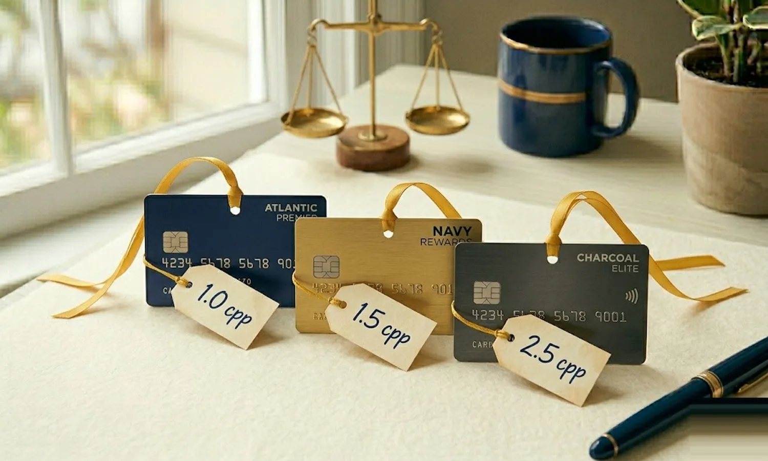 Three credit cards on cream paper each with a point-value tag on a mustard ribbon and a brass scale in the background — reward point valuation in cents per point.
