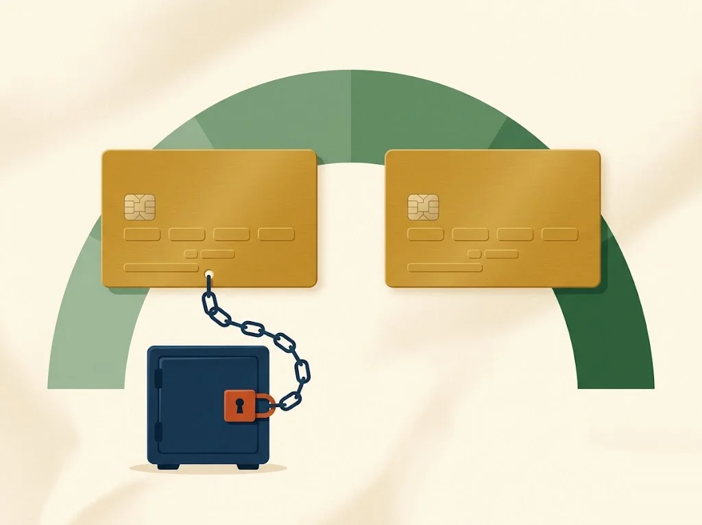 A navy vault holds a refundable deposit beside two mustard credit cards — a secured card chained to its collateral and an unsecured credit card floating free — over a rising credit-score dial.