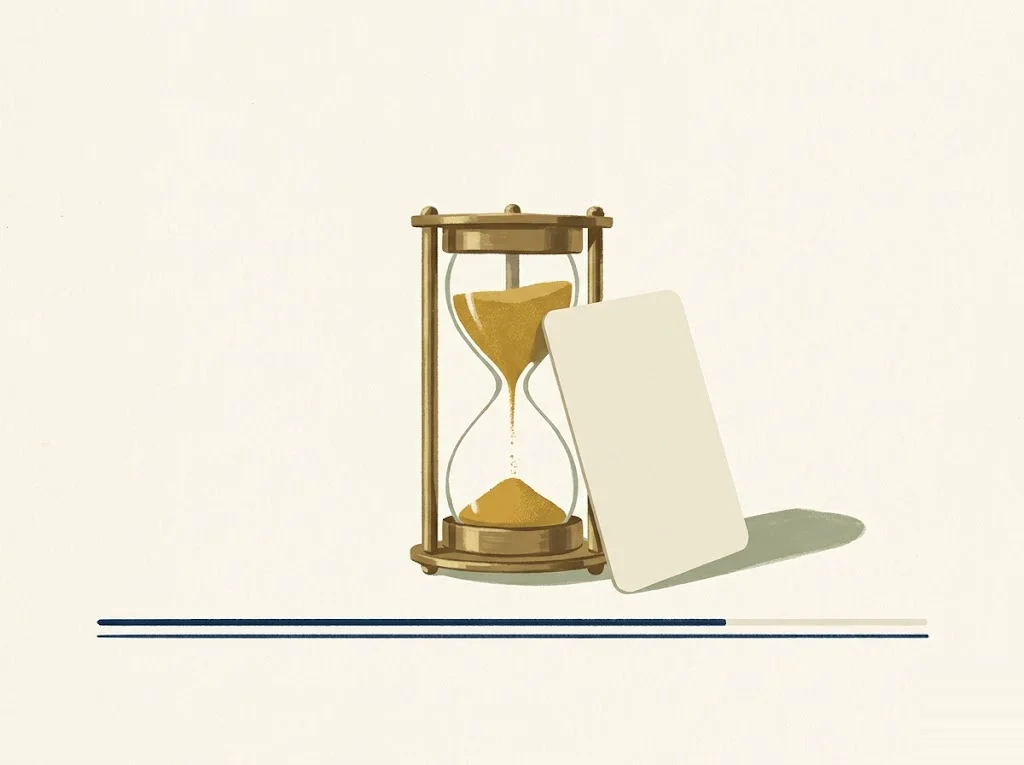 A cream credit card leaning against a brass hourglass with mustard-gold sand on paper cream — the time-limited 0% APR promotional window on new purchases.