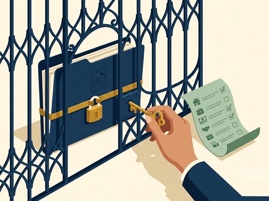 Navy credit file behind a gated lattice unlocked by a single gold key, with a checklist of allowed reasons beside it — FCRA section 1681b permissible purpose for pulling a credit report.