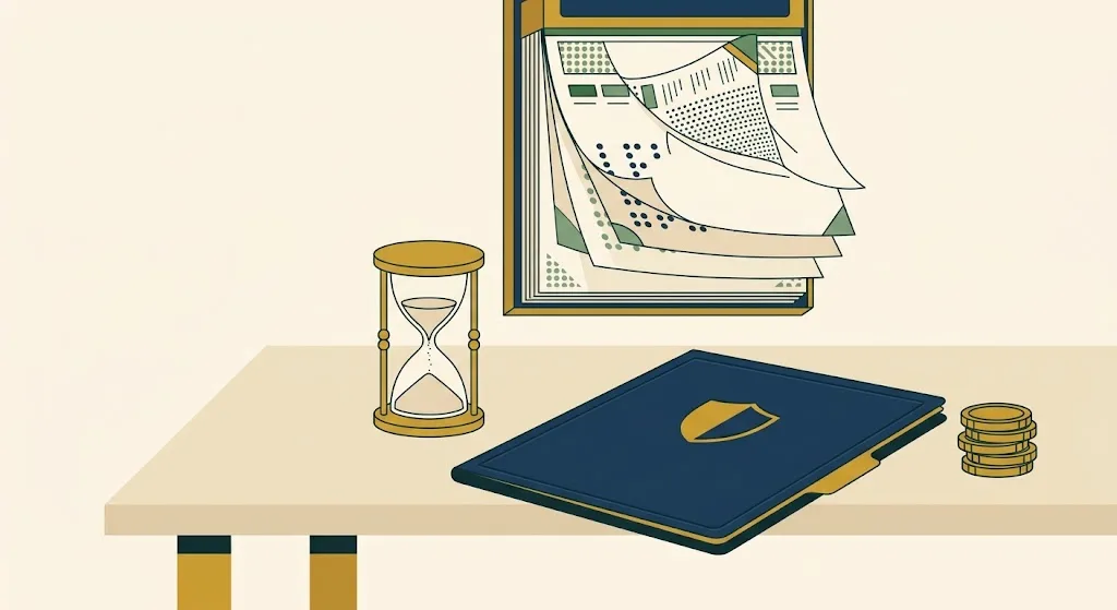 A navy credit report folder in front of a wall calendar whose old pages are peeling away, with a gold hourglass on the desk — the seven-year limit on old negative items under 15 U.S.C. 1681c.