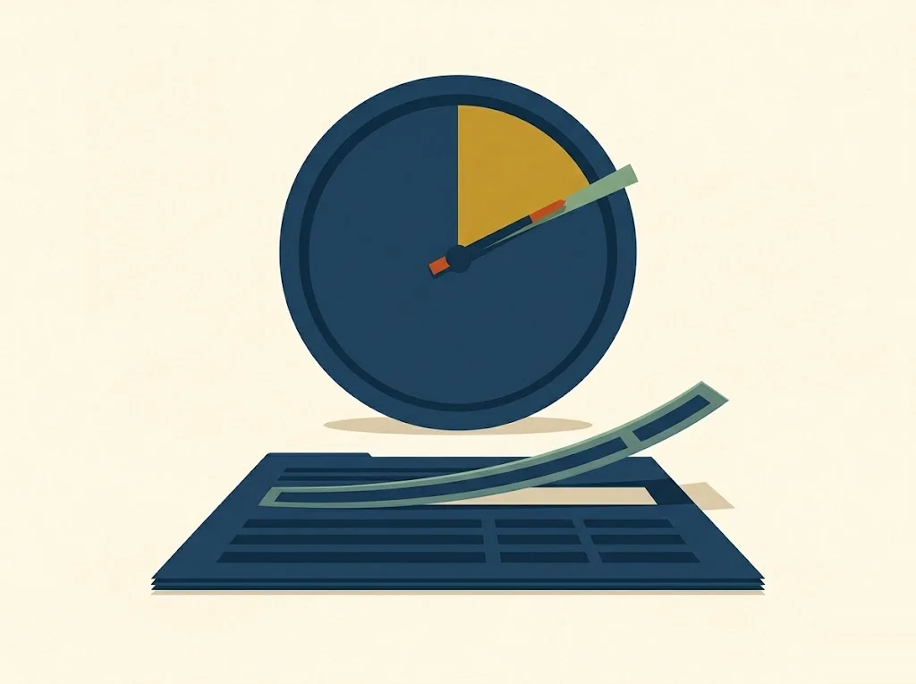 Editorial illustration of a calendar countdown representing the 15 USC 1681i 30-day investigation clock that a credit bureau runs after a consumer disputes an item