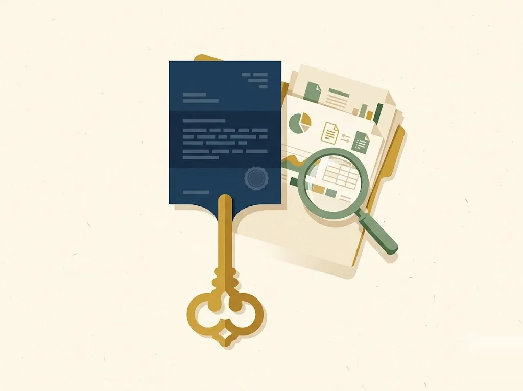 Navy denial letter shaped like a gold key, with a magnifier over an open file behind it — FCRA section 1681m adverse action notice and the free credit report it entitles you to.