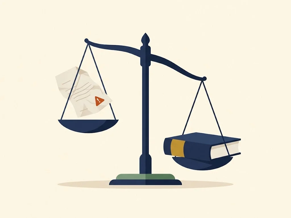 A flimsy crumpled 609 template letter rises weightless on one pan of a balance scale while a solid navy book of consumer law anchors the other — the dispute-letter myth weighs nothing against the statute.