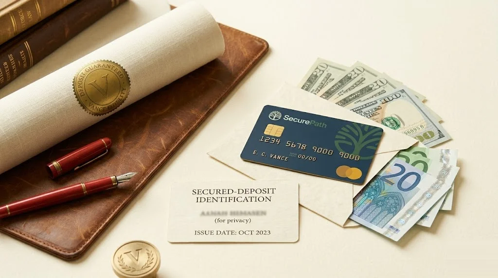 Secured-deposit credit card resting on a passport-sized envelope with cash inside and a small SSN-style card beside them — how to build US credit as an immigrant from scratch.