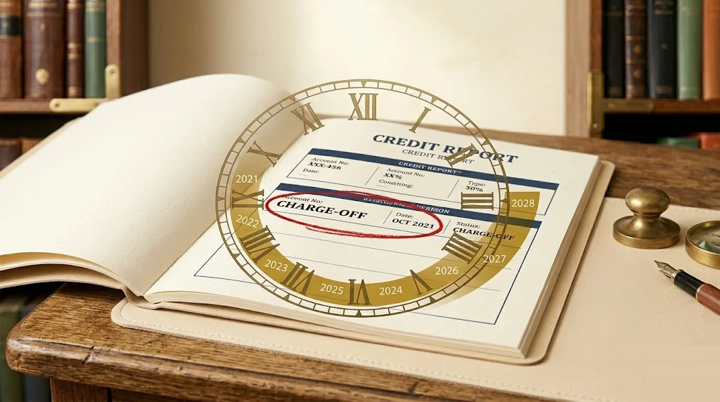 Credit-report page with a single charge-off entry circled in red, overlaid by a translucent vintage clock face showing a 7-year arc highlighted in mustard — charge-off statute of limitations and credit-report removal.