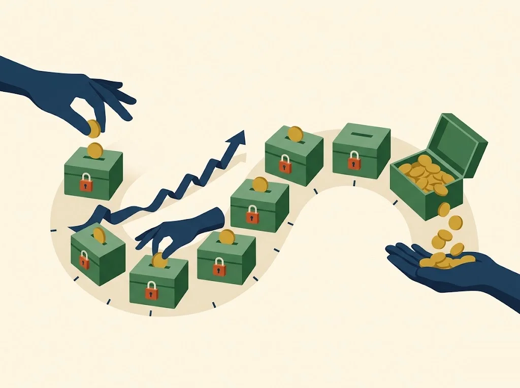 A locked savings vault holds a stack of cash while twelve mustard payment coins flow the other way toward three credit-bureau dials — the credit-builder loan paid first and received last.