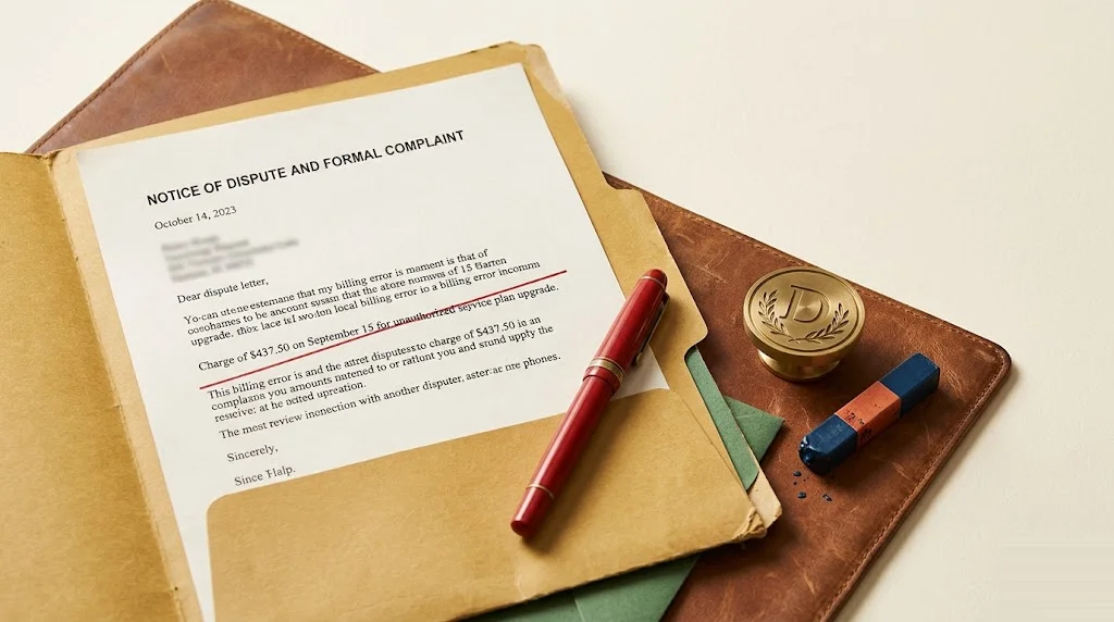 Open manila folder with a typed dispute letter, a red fountain pen striking through a printed error line, and a wax-seal stamp on a leather pad — how to dispute credit report errors with the bureaus.