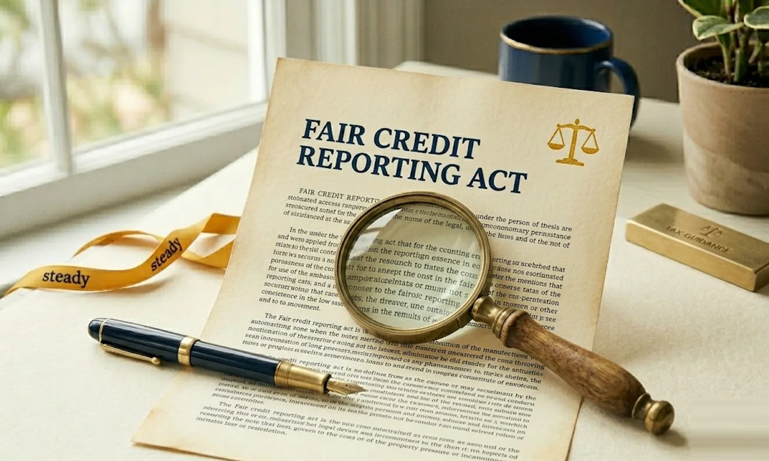 Legal document titled Fair Credit Reporting Act on cream paper with a brass magnifying glass and a mustard scale-of-justice stamp — FCRA consumer rights explained.