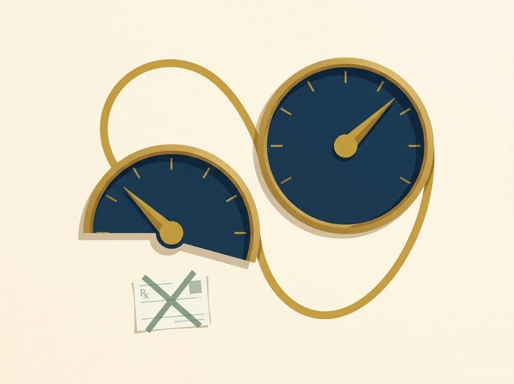 Two facing brass score gauges on cream paper, the right one slightly larger with a crossed-out medical collection tag — FICO 8 versus FICO 9, where the newer model softens medical-debt penalties.