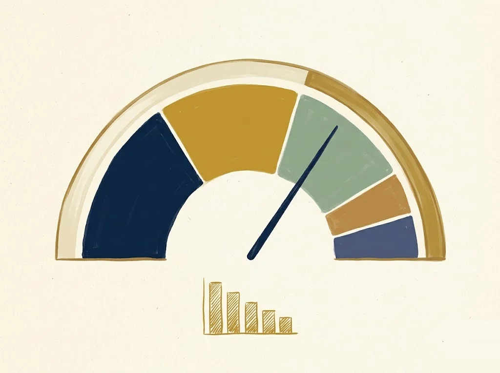 Vintage semicircular gauge dial with five weighted color bands (navy widest, then mustard, sage, brass, soft-navy) and a sketched mustard bar chart below — the five weighted FICO score factors.