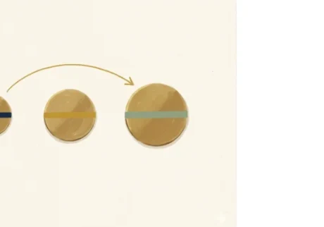 Three brass discs in a row with navy, mustard, and sage horizontal bands, sizes increasing left to right, connected by a curving mustard arrow — FICO 8 versus FICO 9 versus FICO 10 score versions.