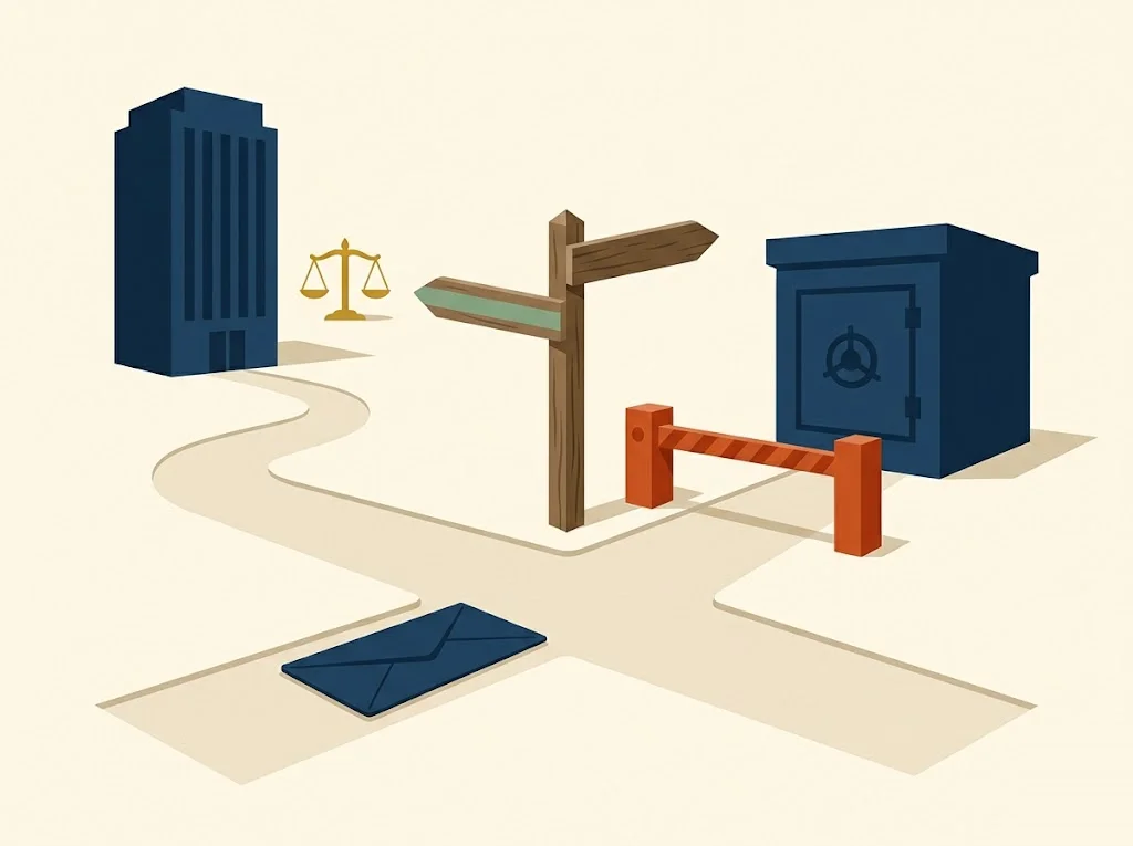 Editorial illustration contrasting a furnisher direct dispute vs bureau dispute, with two mailed letters routing a credit-report error through a lender and through a credit bureau.