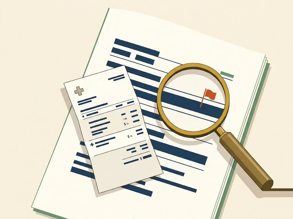 A brass magnifying glass hovering over one questioned line on a medical bill laid across a credit-report page on cream paper — how to dispute a medical bill on your credit report.