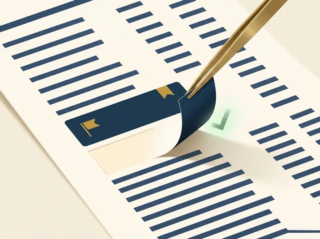 A navy negative charge-off entry being lifted cleanly off a credit-report page with brass tweezers on cream paper — how to remove a charge-off from your credit report.