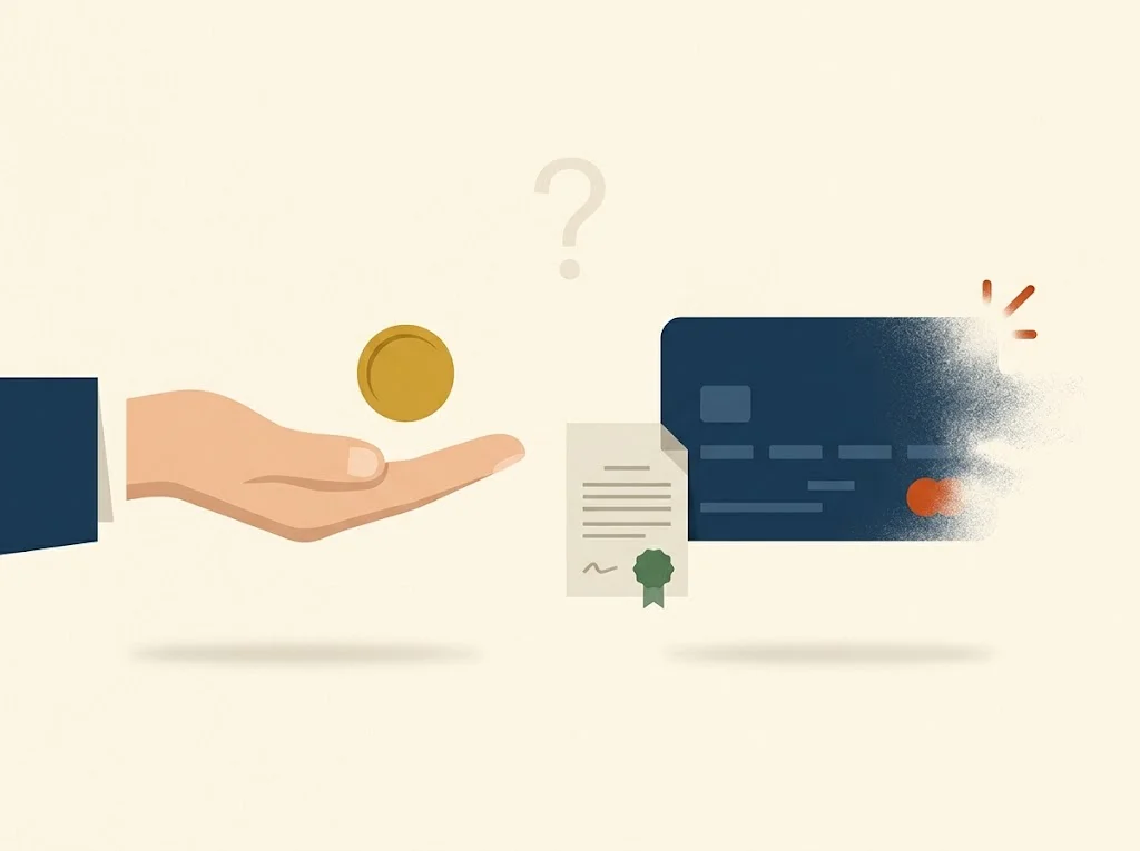 A hand offering a gold coin as a navy credit-report line dissolves at one edge, beside a written agreement and a faint question mark — whether a pay-for-delete deal with collections actually works.
