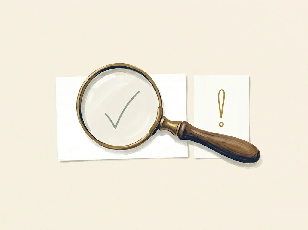 Antique brass magnifying glass on top of an index card with a sage check mark, beside a second card with a mustard exclamation mark — soft credit pull versus hard credit inquiry effect on FICO score.