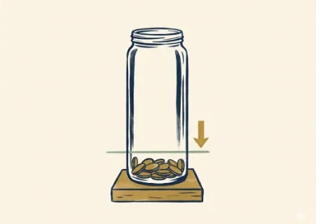 Tall narrow cylindrical glass jar on a wooden block filled with brass coins to only the lower one-tenth with a sage low-fill line marked across it — why the "keep credit utilization below 30%" rule is wrong.