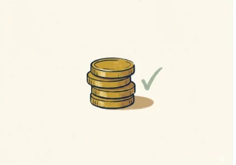 Editorial illustration of a small vertical stack of four brass coins on a paper-cream surface with a soft warm shadow and a hand-drawn sage green check mark, suggesting that a low reported balance is what the model rewards.