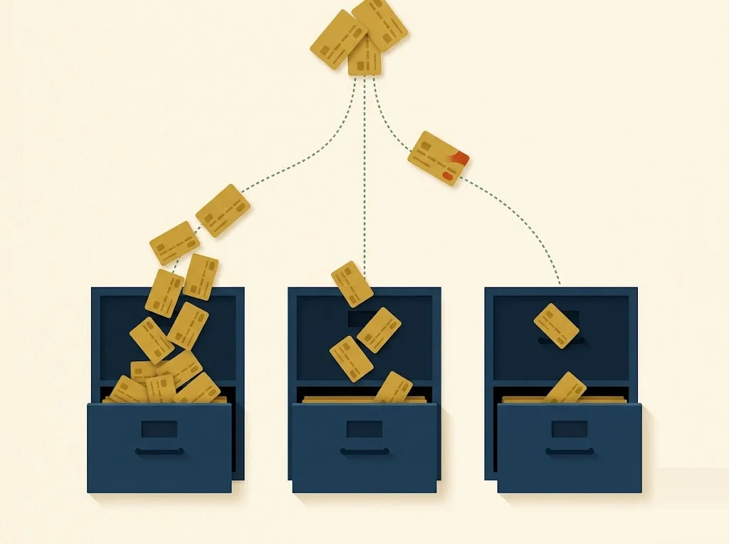 Three labeled file drawers marked Experian, Equifax and TransUnion with bank-card icons sorted into each — which credit bureau each bank pulls for applications.