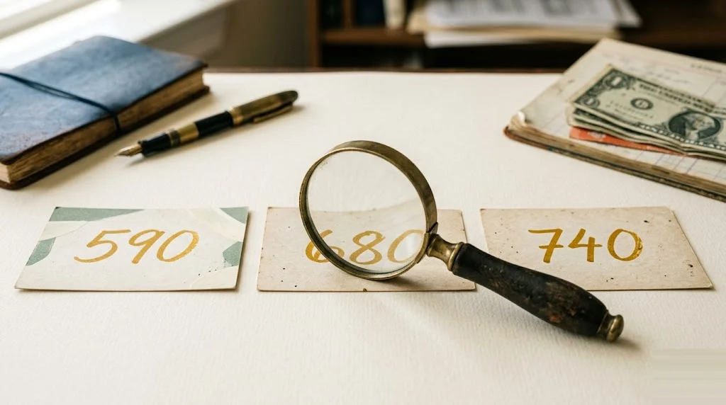 Three index cards on a paper-cream desk marked with different FICO score tiers in mustard ink under a brass magnifying glass — which credit product fits each credit score range.