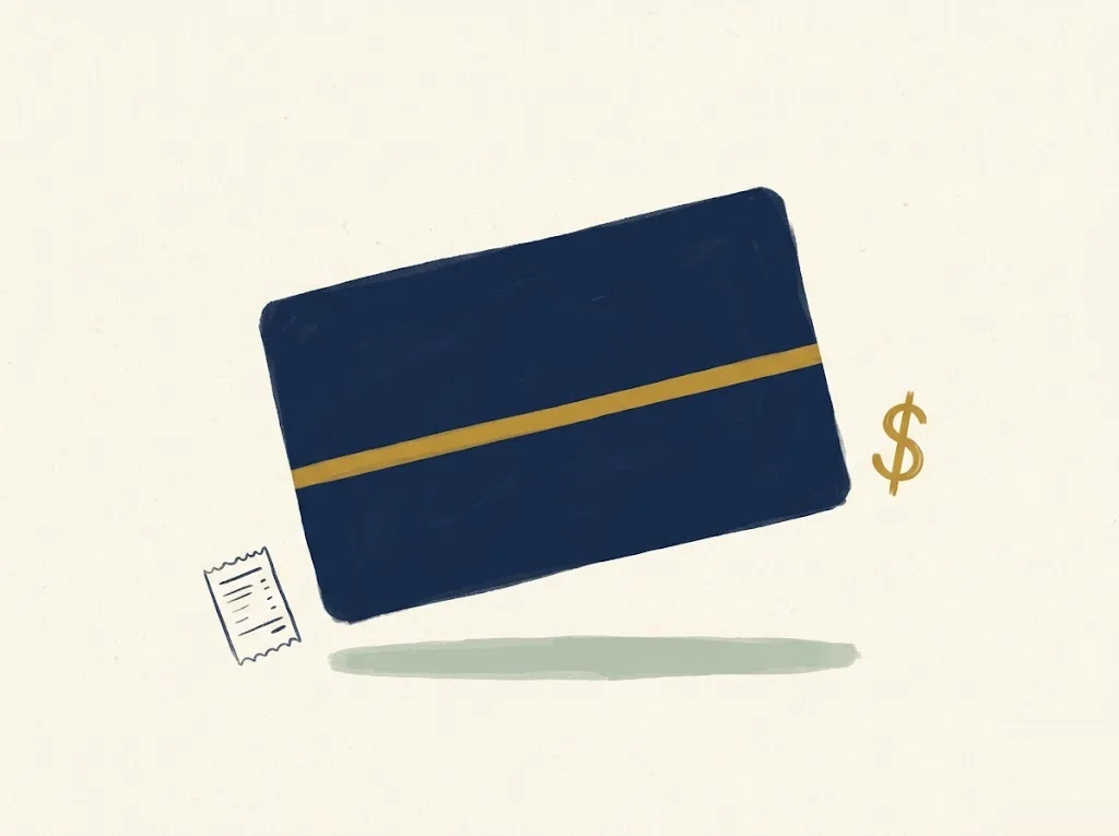 Editorial illustration of a navy credit card with a mustard gold horizontal band, a small dollar sign and a sketched receipt on a paper-cream background.