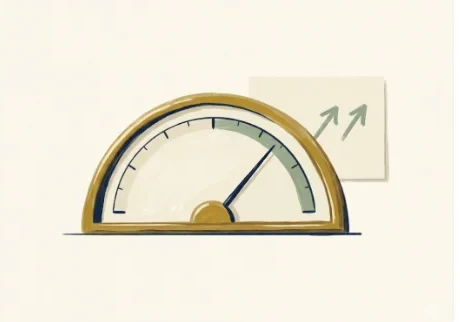 Editorial illustration of a vintage analog semicircular gauge dial with a thin needle pointing toward the upper-right high-score zone, beside a notecard with two small sage upward arrows.