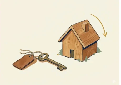 Editorial illustration of a small wooden model of an American suburban house with a brass key and leather tag beside it, a mustard gold downward arrow above suggesting loan amortization.