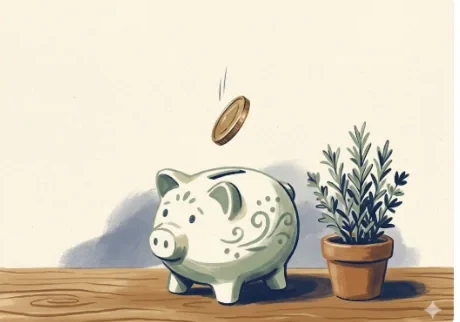 Editorial illustration of a cream ceramic piggy bank receiving a brass coin from above, beside a small potted herb plant in a terracotta pot.