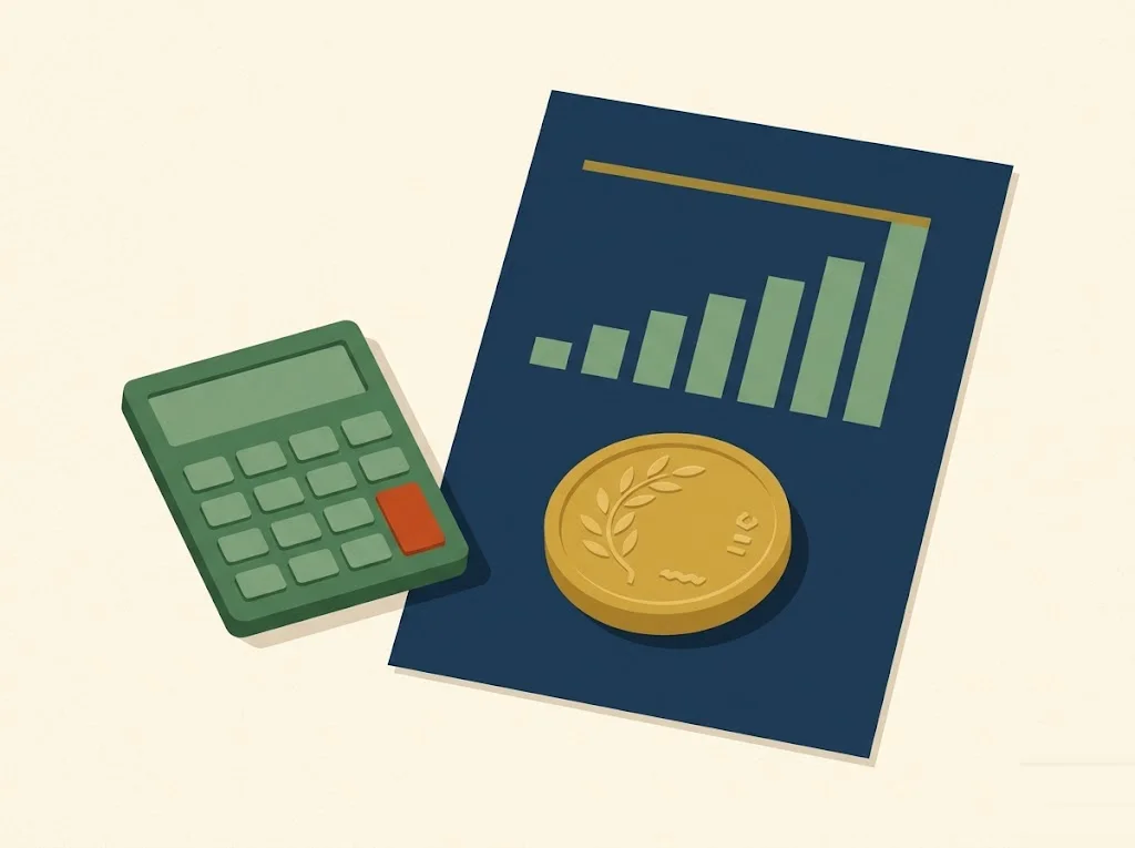 Editorial illustration of a gold bullion coin resting on an IRS Schedule D worksheet with a calculator alongside