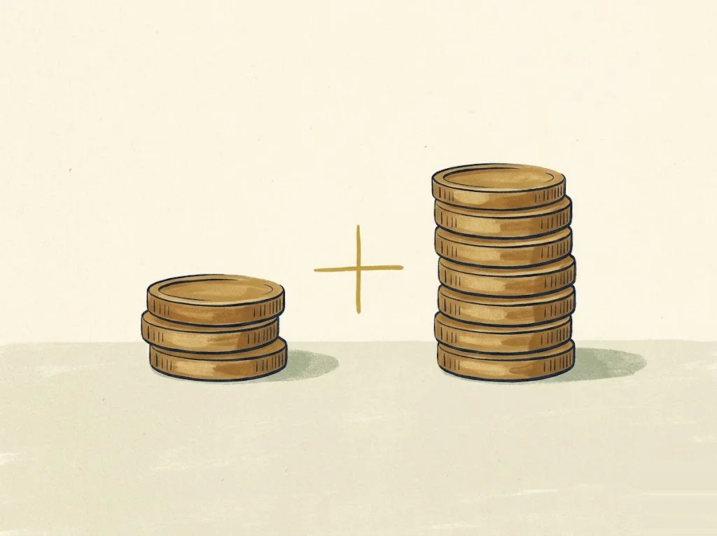 Two vertical brass-coin stacks side by side on a paper-cream desk with a hand-drawn mustard plus sign between them — 401(k) employer match math, the highest-ROI dollar in personal finance.