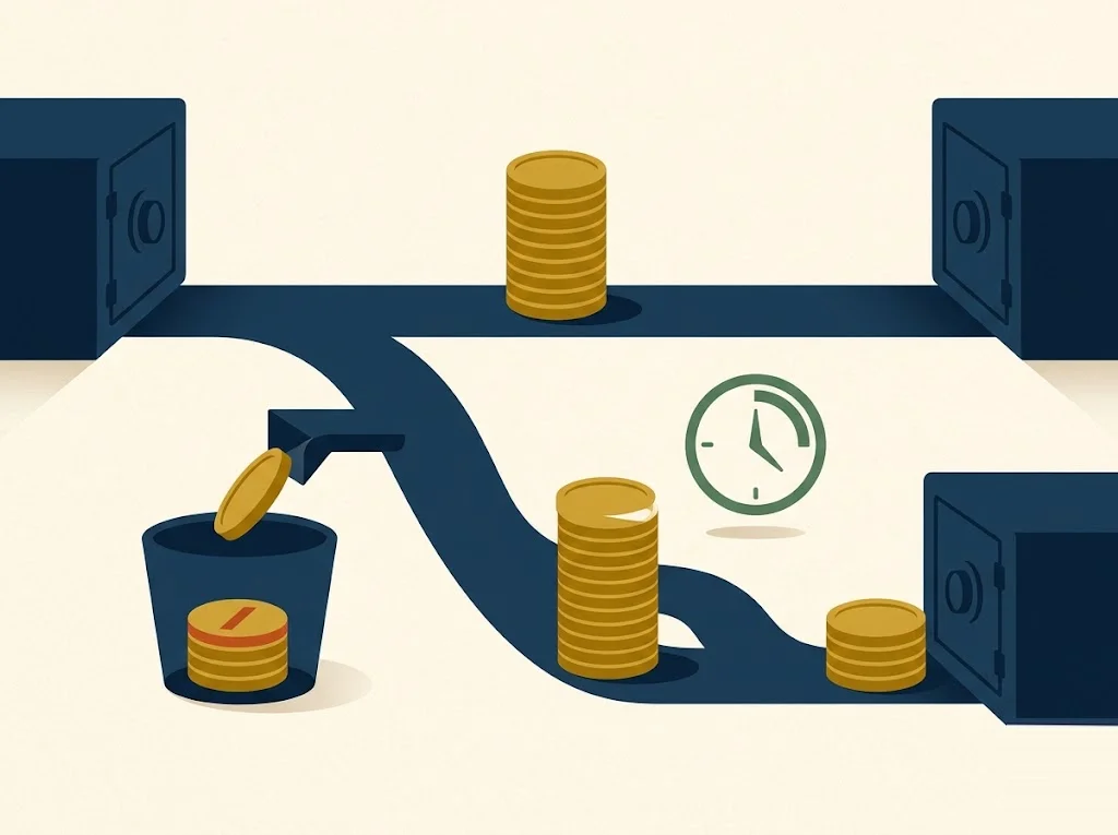 A 401(k) rollover splits at a navy fork: a direct trustee-to-trustee path carries the full balance, while an indirect path drops a mustard 20% slice into a tax-withholding bin before a 60-day clock.