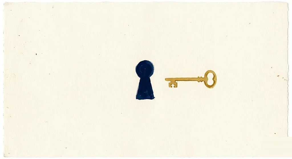 Small deep-navy keyhole on a cream surface with a thin mustard-gold key resting beside it — the backdoor Roth IRA conversion that lets high earners contribute above the income limit.