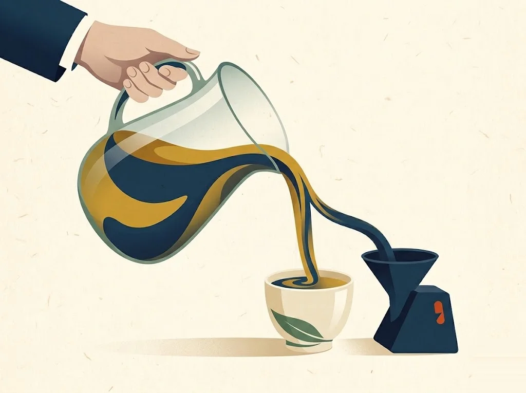 A pitcher of swirled navy and gold liquid pours both colors in proportion into a small Roth cup beside a tax funnel — the pro-rata rule mixes pre-tax money into every backdoor conversion.