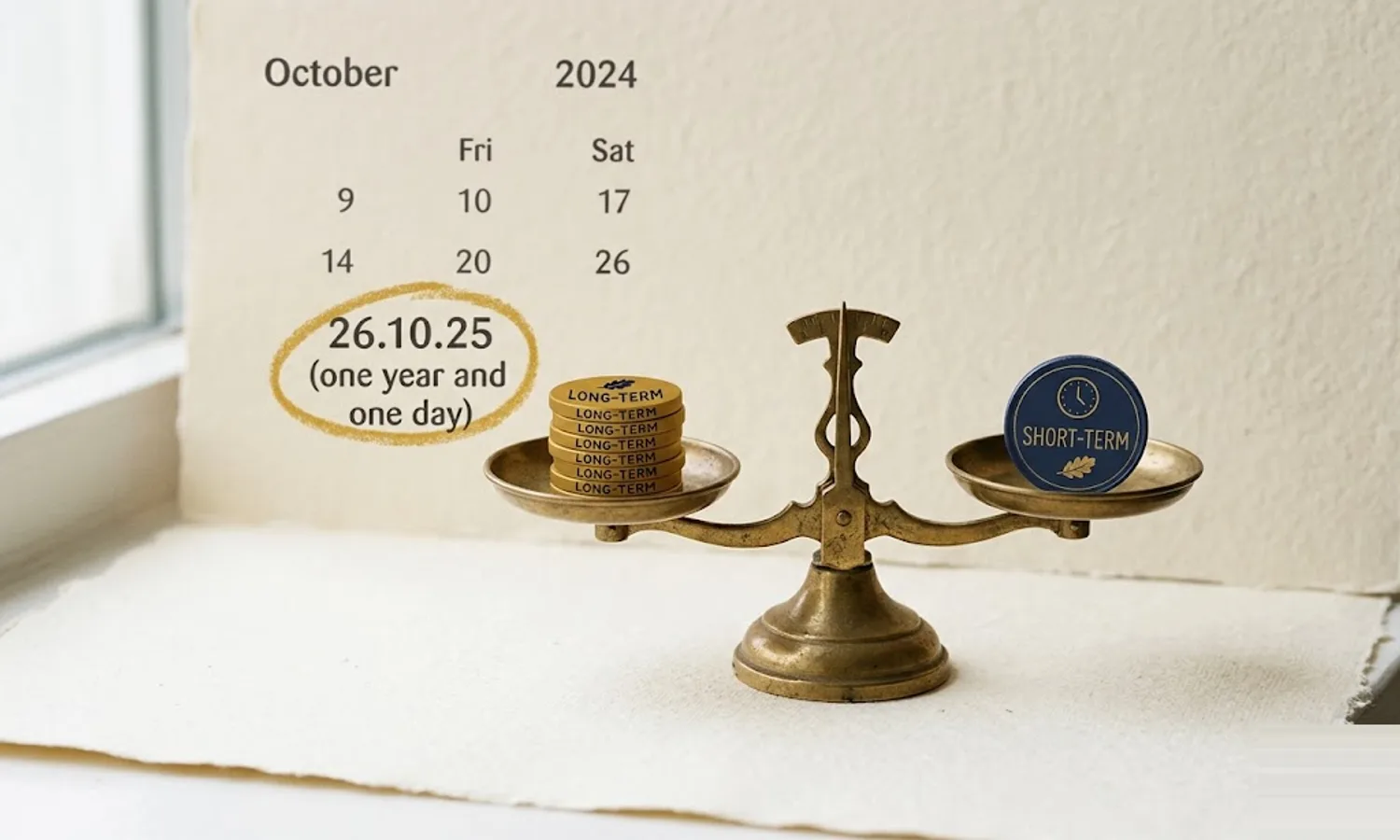 Brass scale balance on cream paper with mustard-gold coins labeled long-term on one pan and a navy coin labeled short-term on the other — capital gains tax holding period explained.